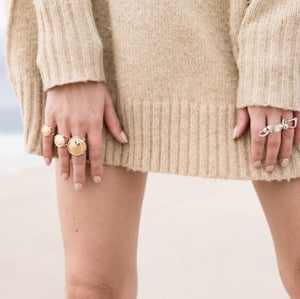 Baby, Ti and Champers Rings on model to show scale